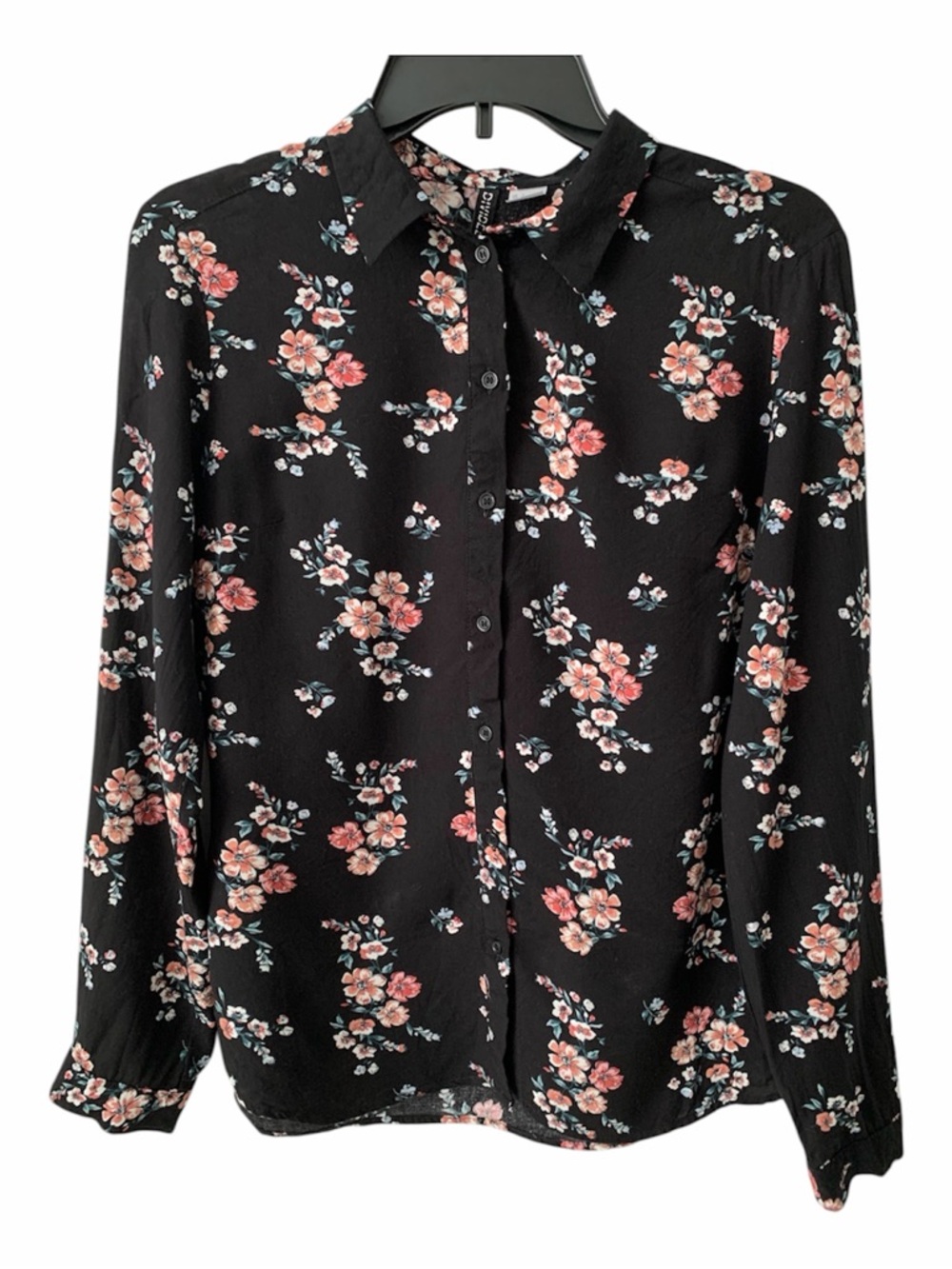 H&M Divided Floral Button Down Shirt Black Pink Size 4